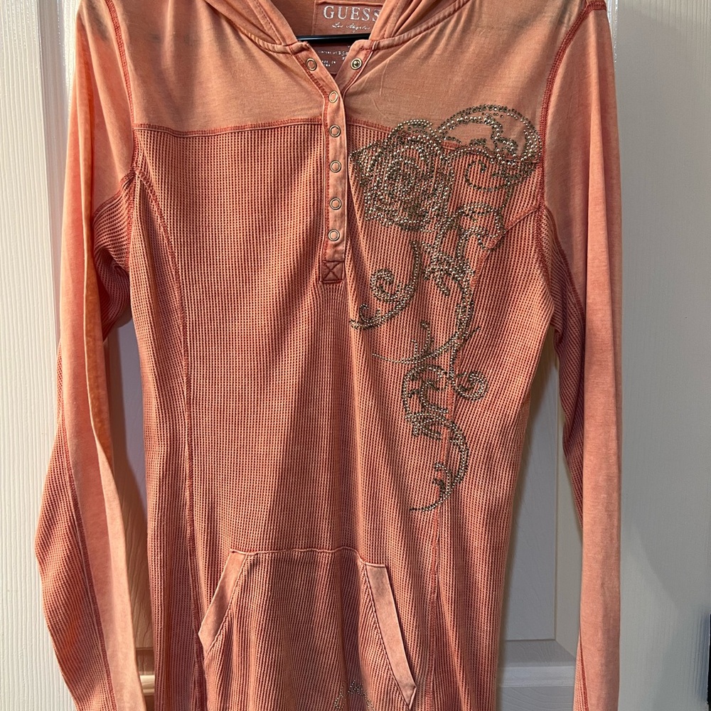 Guess Coral Hoodie with Button Neckline peach